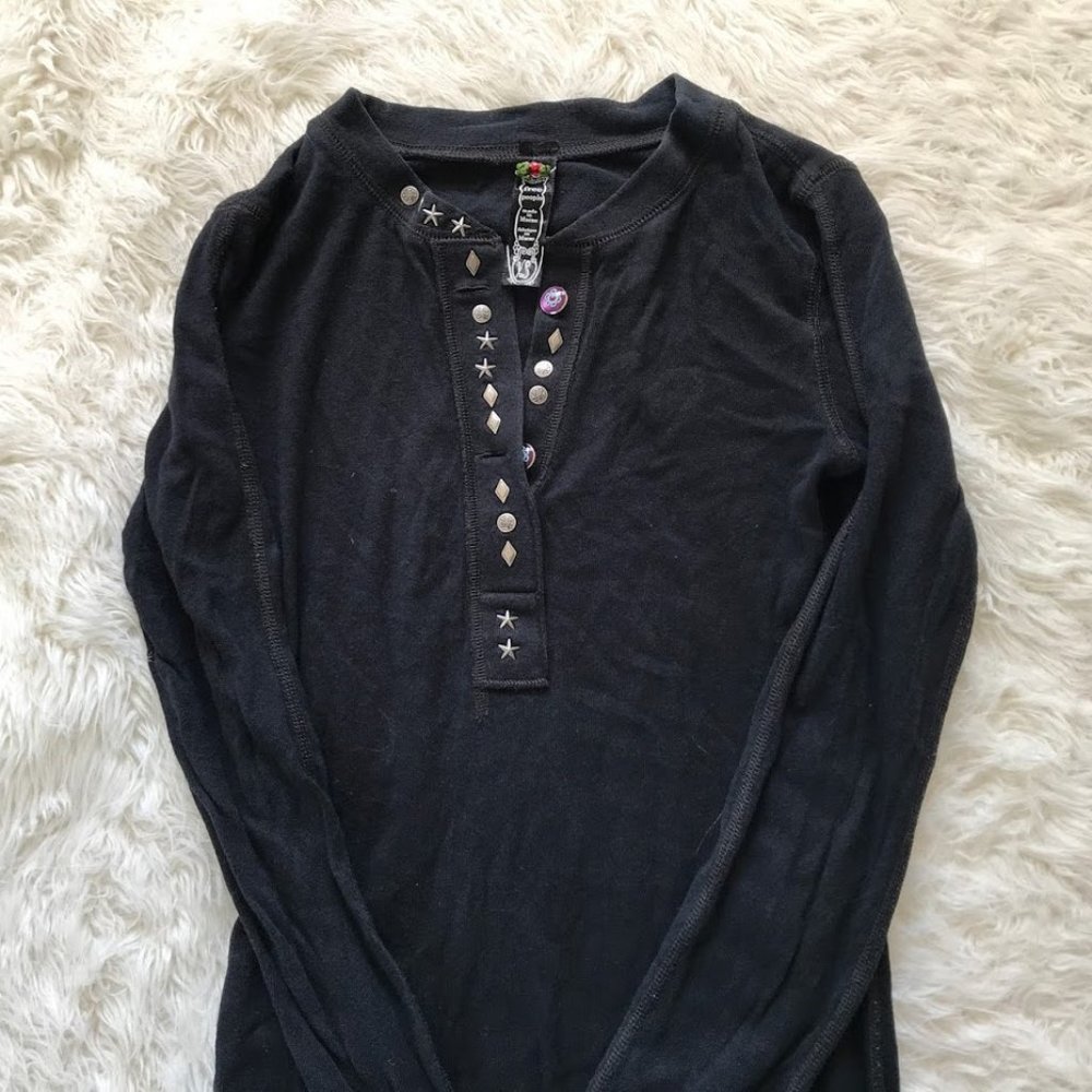 Free People Long Sleeve Henley with Embellishments on neckline XS